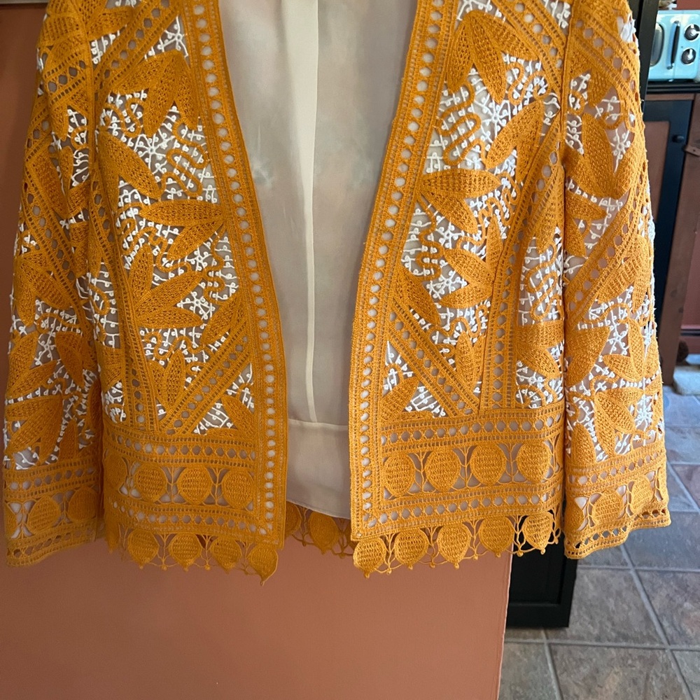 Tory Burch Yellow and White Embroidered Blazer
